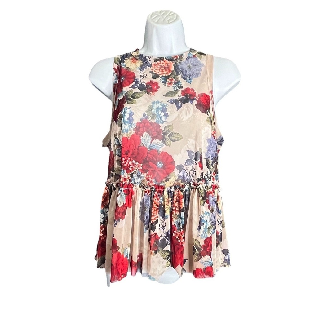 Ginger G Peplum‎ Tank Top Womens M Tan Floral Mesh Ruffle Babydoll Cottagecore